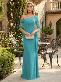 Sheath Chiffon 3/4 Sleeves Maxi Mother of the Bride & Groom Dresses with Ruffles & Lace Embroidery