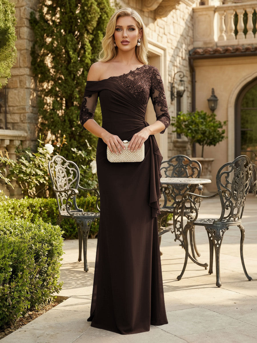 Sheath Chiffon 3/4 Sleeves Maxi Mother of the Bride & Groom Dresses with Ruffles & Lace Embroidery