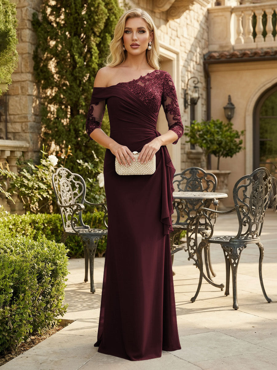 Sheath Chiffon 3/4 Sleeves Maxi Mother of the Bride & Groom Dresses with Ruffles & Lace Embroidery