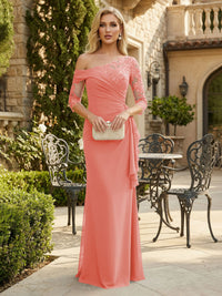 Sheath Chiffon 3/4 Sleeves Maxi Mother of the Bride & Groom Dresses with Ruffles & Lace Embroidery