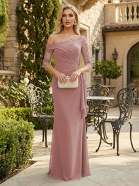 Sheath Chiffon 3/4 Sleeves Maxi Mother of the Bride & Groom Dresses with Ruffles & Lace Embroidery