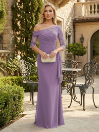 Sheath Chiffon 3/4 Sleeves Maxi Mother of the Bride & Groom Dresses with Ruffles & Lace Embroidery