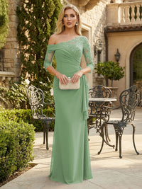 Sheath Chiffon 3/4 Sleeves Maxi Mother of the Bride & Groom Dresses with Ruffles & Lace Embroidery