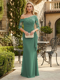 Sheath Chiffon 3/4 Sleeves Maxi Mother of the Bride & Groom Dresses with Ruffles & Lace Embroidery