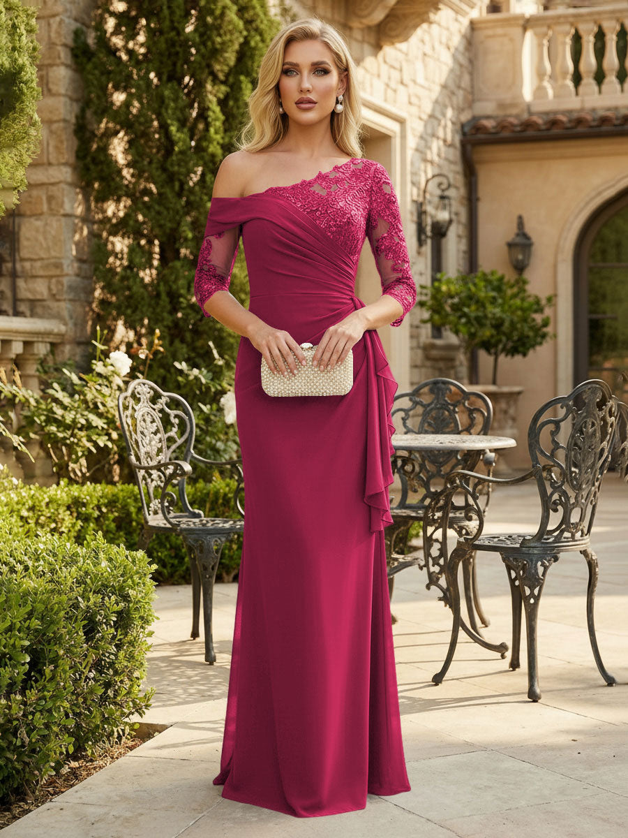 Sheath Chiffon 3/4 Sleeves Maxi Mother of the Bride & Groom Dresses with Ruffles & Lace Embroidery