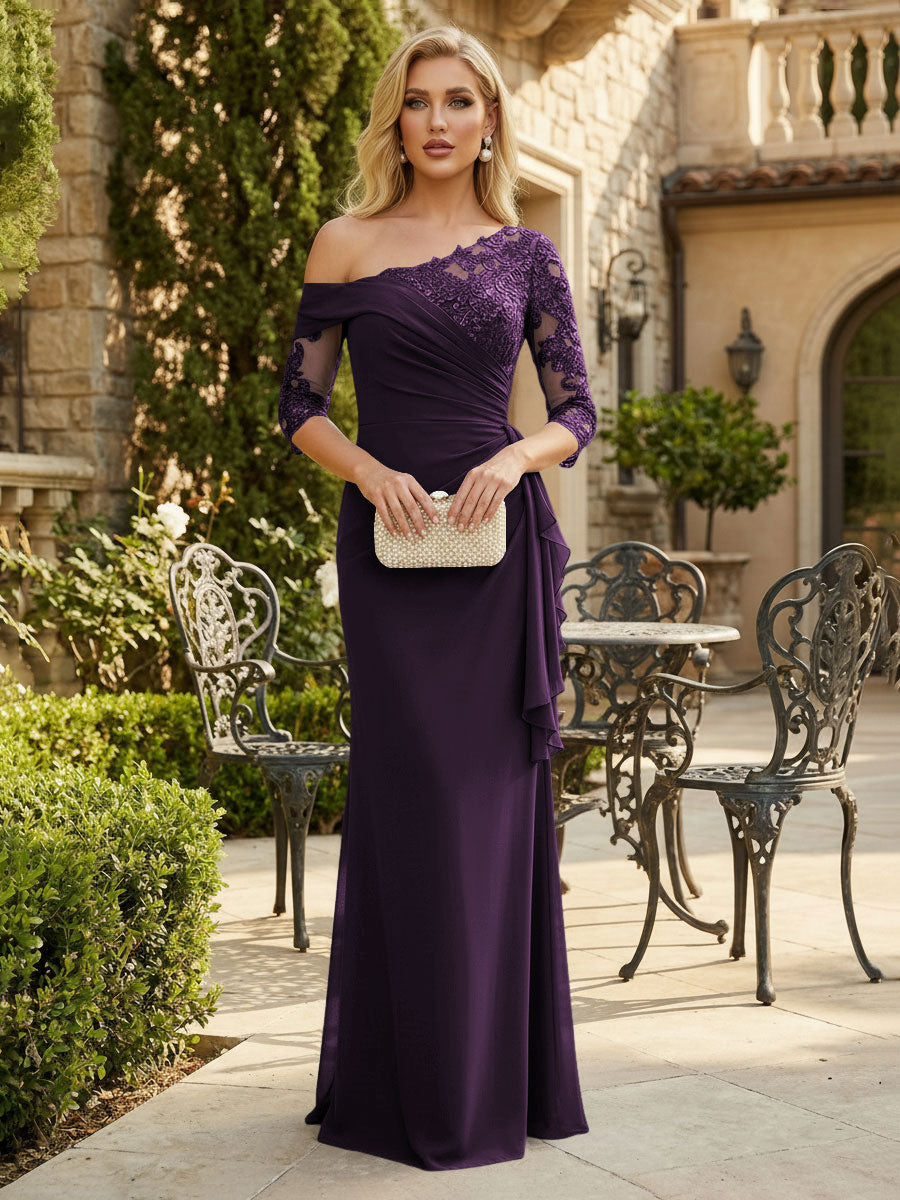 Sheath Chiffon 3/4 Sleeves Maxi Mother of the Bride & Groom Dresses with Ruffles & Lace Embroidery