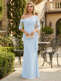 Sheath Chiffon 3/4 Sleeves Maxi Mother of the Bride & Groom Dresses with Ruffles & Lace Embroidery