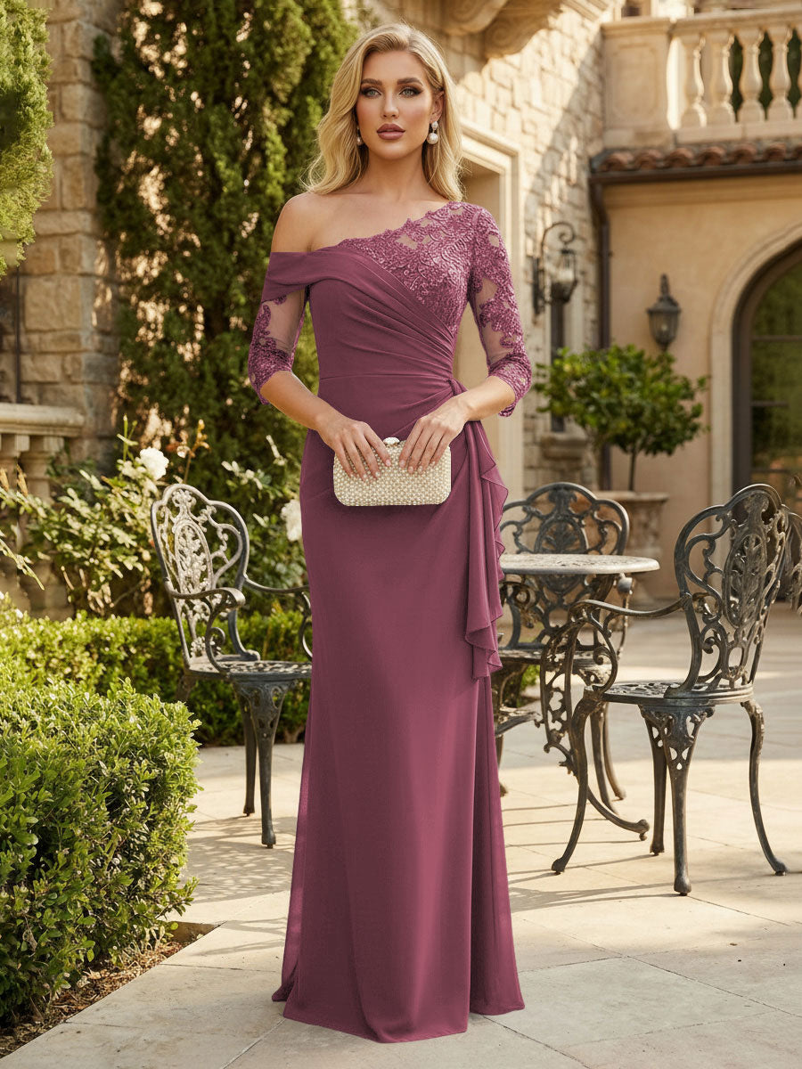 Sheath Chiffon 3/4 Sleeves Maxi Mother of the Bride & Groom Dresses with Ruffles & Lace Embroidery