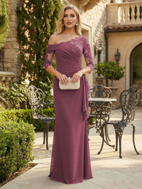 Sheath Chiffon 3/4 Sleeves Maxi Mother of the Bride & Groom Dresses with Ruffles & Lace Embroidery