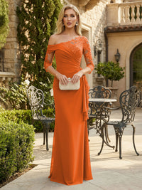 Sheath Chiffon 3/4 Sleeves Maxi Mother of the Bride & Groom Dresses with Ruffles & Lace Embroidery