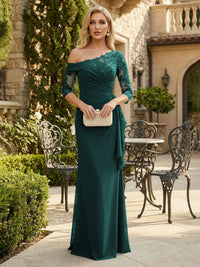 Sheath Chiffon 3/4 Sleeves Maxi Mother of the Bride & Groom Dresses with Ruffles & Lace Embroidery