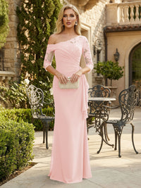 Sheath Chiffon 3/4 Sleeves Maxi Mother of the Bride & Groom Dresses with Ruffles & Lace Embroidery