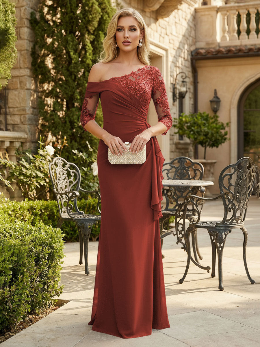 Sheath Chiffon 3/4 Sleeves Maxi Mother of the Bride & Groom Dresses with Ruffles & Lace Embroidery