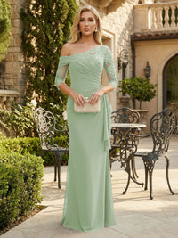 Sheath Chiffon 3/4 Sleeves Maxi Mother of the Bride & Groom Dresses with Ruffles & Lace Embroidery