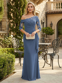 Sheath Chiffon 3/4 Sleeves Maxi Mother of the Bride & Groom Dresses with Ruffles & Lace Embroidery