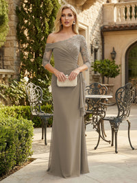 Sheath Chiffon 3/4 Sleeves Maxi Mother of the Bride & Groom Dresses with Ruffles & Lace Embroidery