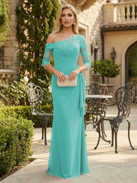 Sheath Chiffon 3/4 Sleeves Maxi Mother of the Bride & Groom Dresses with Ruffles & Lace Embroidery