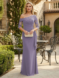 Sheath Chiffon 3/4 Sleeves Maxi Mother of the Bride & Groom Dresses with Ruffles & Lace Embroidery