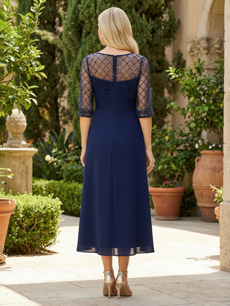 Chiffon Tea-Length 3/4 Sleeves Mother of the Bride & Groom Dresses with Illusion Neck