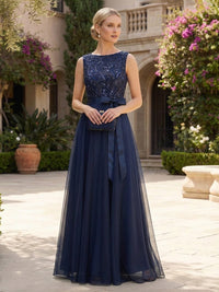 Tulle A-Line Maxi Mother of the Bride & Groom Dresses with Sequin Embroidery Bodice