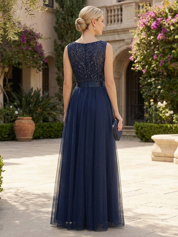Tulle A-Line Maxi Mother of the Bride & Groom Dresses with Sequin Embroidery Bodice