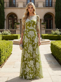 Tulle Floral Print A-Line 3/4 Sleeves Maxi Mother of the Bride & Groom Dresses