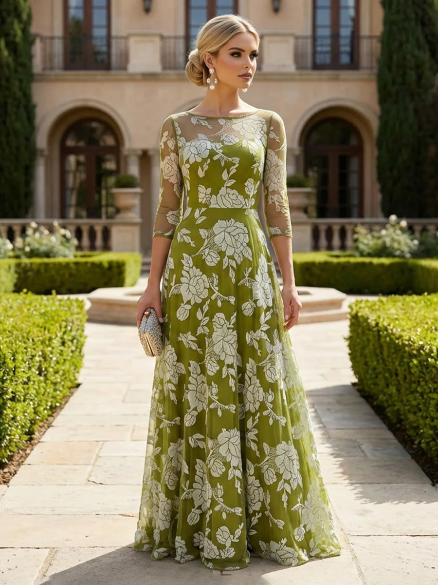 Tulle Floral Print A-Line 3/4 Sleeves Maxi Mother of the Bride & Groom Dresses