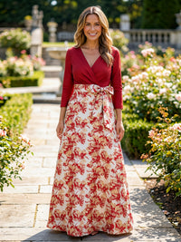 A-Line Jacquard 3/4 Sleeves Maxi Mother of the Bride & Groom Dresses with Satin Bodice