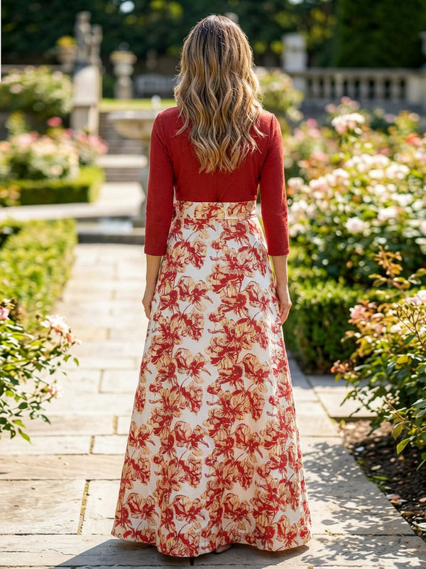 A-Line Jacquard 3/4 Sleeves Maxi Mother of the Bride & Groom Dresses with Satin Bodice