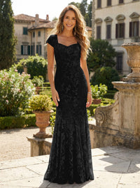 Sheath Tulle Sequin Floral Maxi Mother of the Bride & Groom Dresses with Short Cap Sleeves
