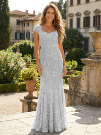 Sheath Tulle Sequin Floral Maxi Mother of the Bride & Groom Dresses with Short Cap Sleeves