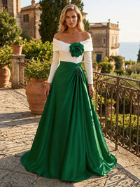 A-Line Satin Off Shoulder Long Sleeves Maxi Mother of the Bride & Groom Dresses with 3D Flower