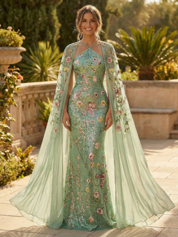 Sheath Sequin Floral Embroidery Maxi Mother of the Bride & Groom Dresses with Cape