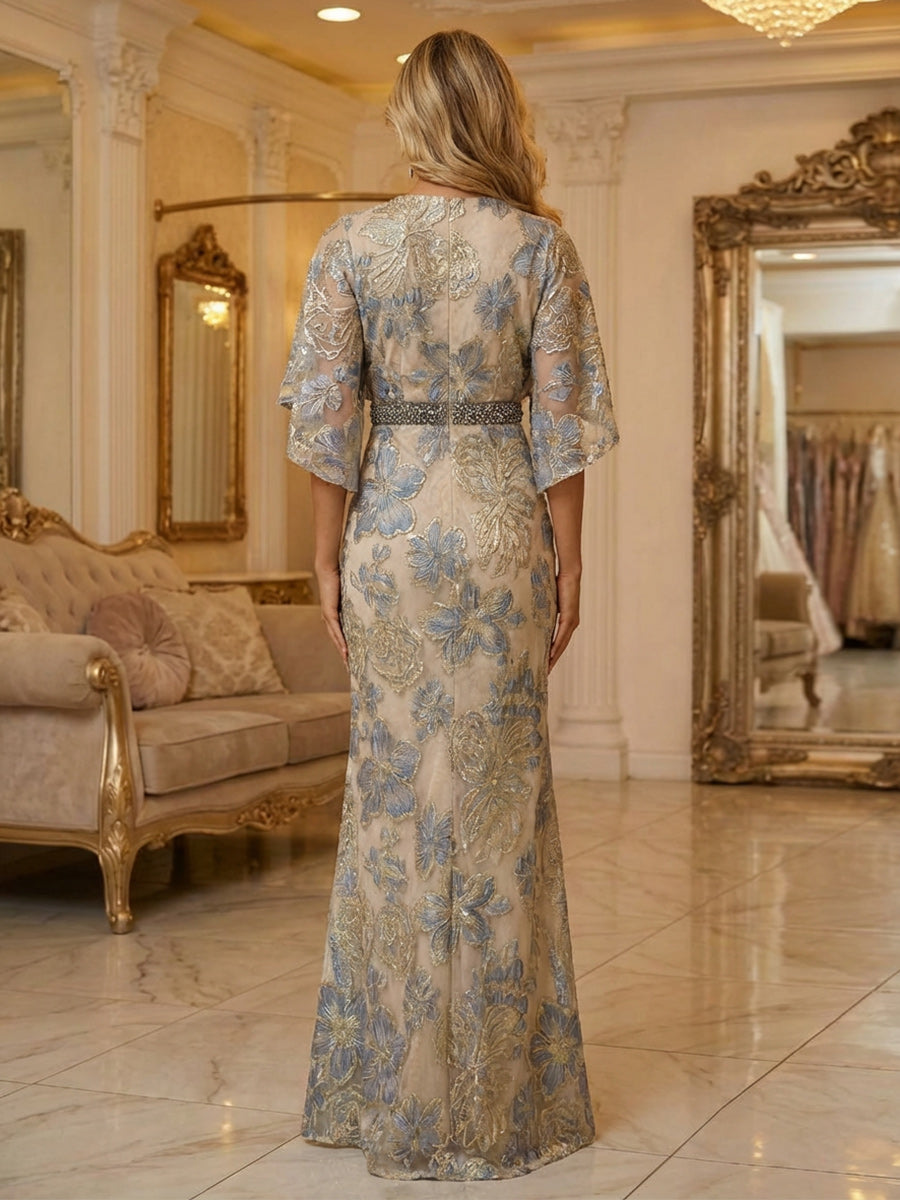 Jacquard Sheath/Column 3/4 Sleeves Floor-Length Mother of the Bride & Groom Dresses with Ruched Waist & Rhinestones