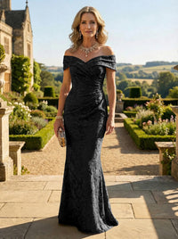 Sheath Lace Off Shoulder Ruched Maxi Mother of the Bride & Groom Dresses