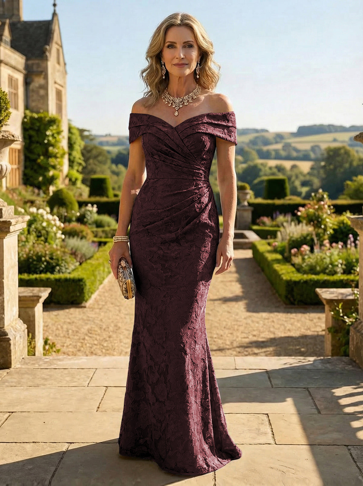 Sheath Lace Off Shoulder Ruched Maxi Mother of the Bride & Groom Dresses
