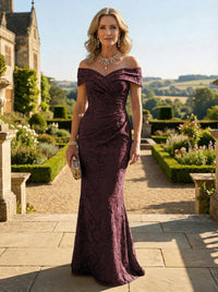 Sheath Lace Off Shoulder Ruched Maxi Mother of the Bride & Groom Dresses