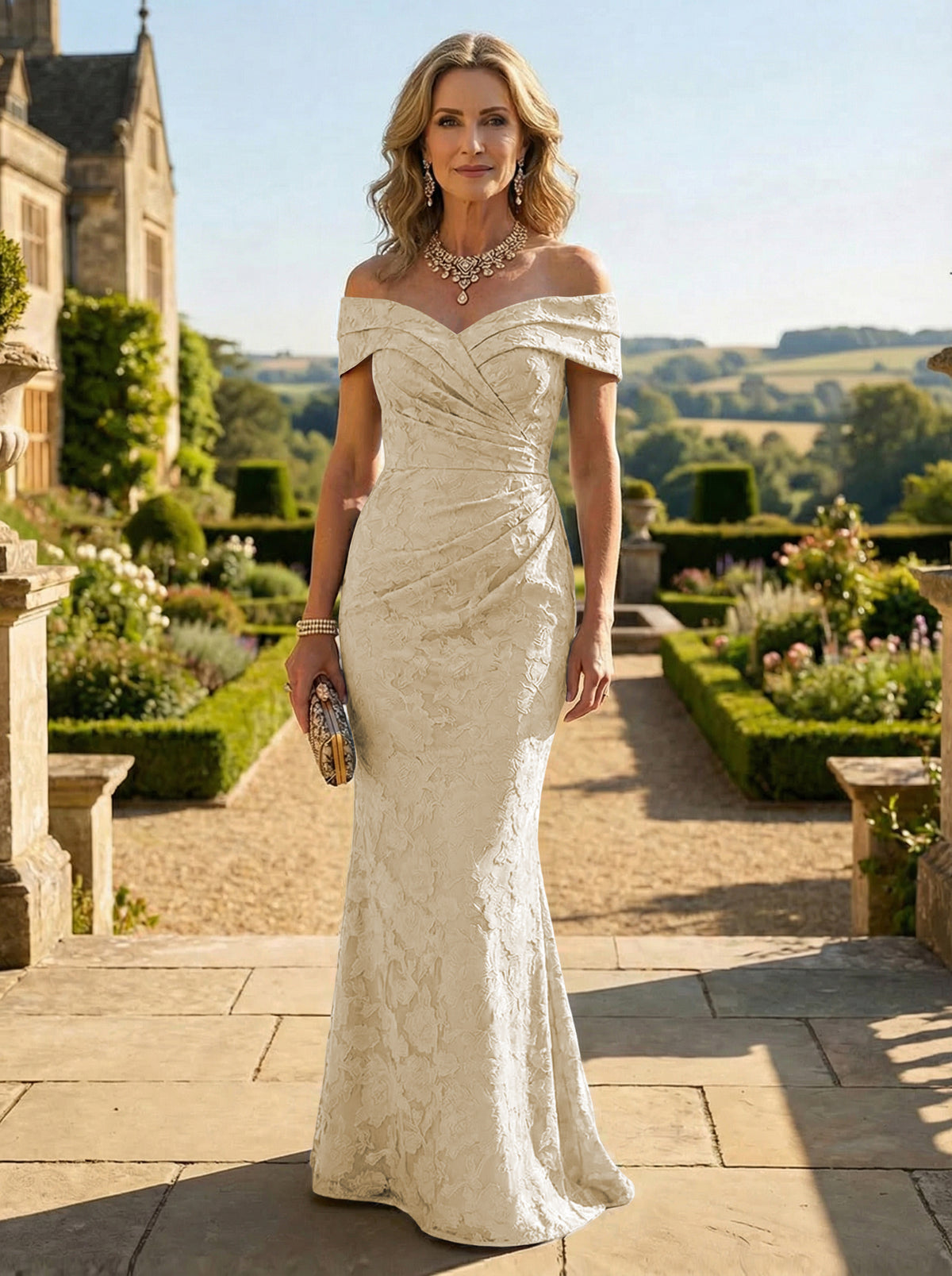 Sheath Lace Off Shoulder Ruched Maxi Mother of the Bride & Groom Dresses