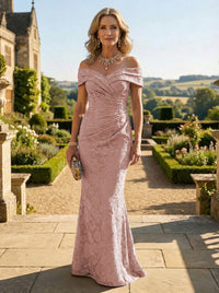 Sheath Lace Off Shoulder Ruched Maxi Mother of the Bride & Groom Dresses