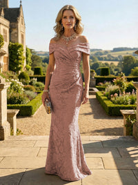 Sheath Lace Off Shoulder Ruched Maxi Mother of the Bride & Groom Dresses