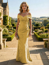 Sheath Lace Off Shoulder Ruched Maxi Mother of the Bride & Groom Dresses