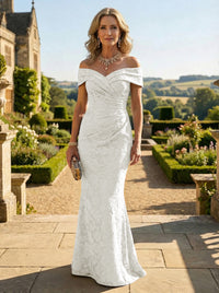Sheath Lace Off Shoulder Ruched Maxi Mother of the Bride & Groom Dresses
