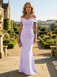 Sheath Lace Off Shoulder Ruched Maxi Mother of the Bride & Groom Dresses