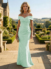 Sheath Lace Off Shoulder Ruched Maxi Mother of the Bride & Groom Dresses