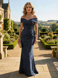 Sheath Lace Off Shoulder Ruched Maxi Mother of the Bride & Groom Dresses