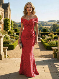 Sheath Lace Off Shoulder Ruched Maxi Mother of the Bride & Groom Dresses