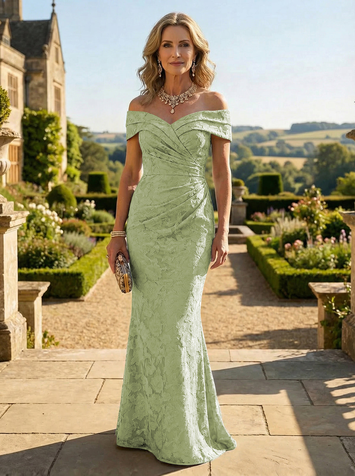 Sheath Lace Off Shoulder Ruched Maxi Mother of the Bride & Groom Dresses
