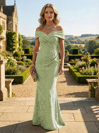 Sheath Lace Off Shoulder Ruched Maxi Mother of the Bride & Groom Dresses