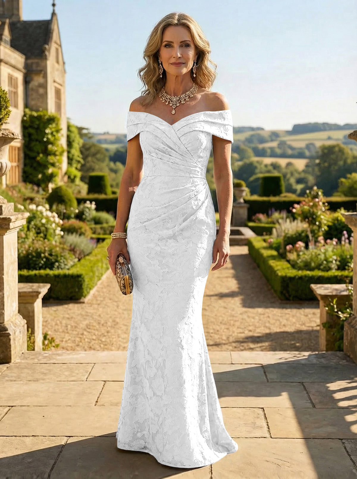 Sheath Lace Off Shoulder Ruched Maxi Mother of the Bride & Groom Dresses