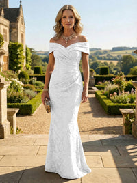 Sheath Lace Off Shoulder Ruched Maxi Mother of the Bride & Groom Dresses